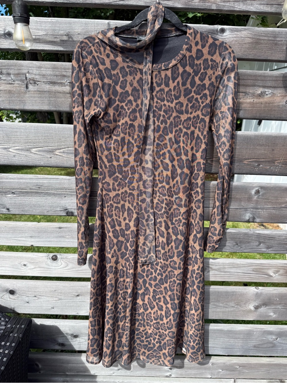 Leopard Print Long Sleeve Midi Dress in Brown With Neck or Waist Tie